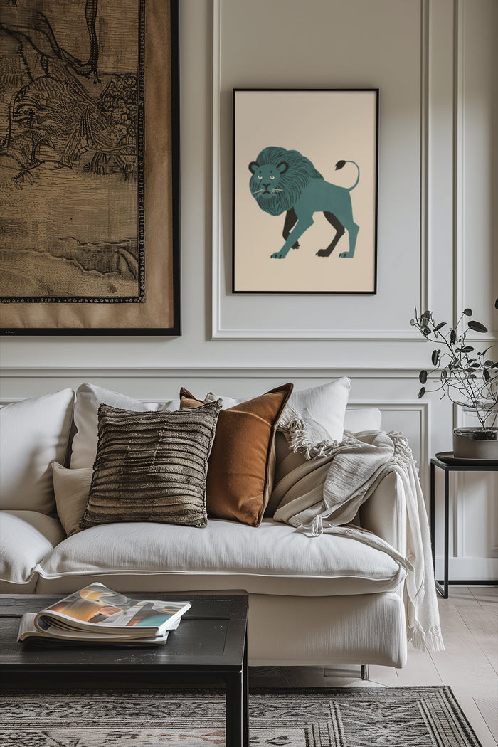 Contemporary lion illustration poster framed on the wall in a stylish living room interior with decorative pillows