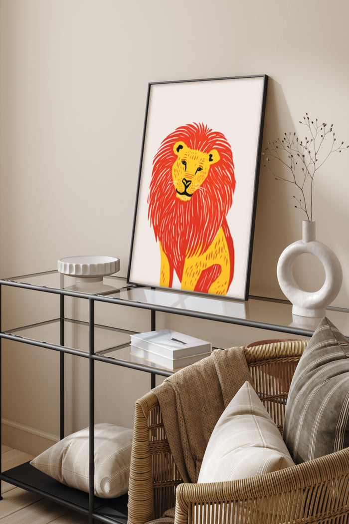 Modern Illustrated Lion Artwork Poster in Stylish Home Decor Setting