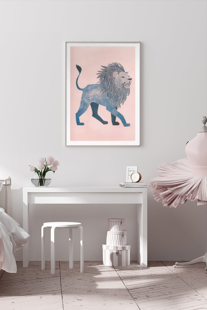 Modern lion illustration poster with pink background in stylish interior setting