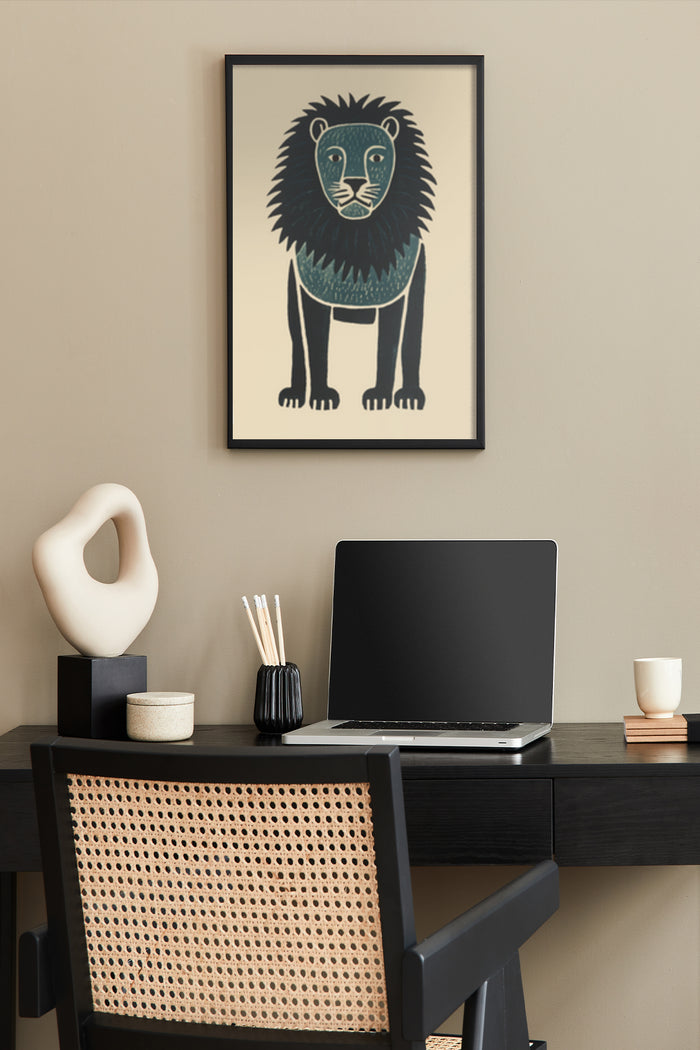 Stylish lion illustration poster in a modern home office setup