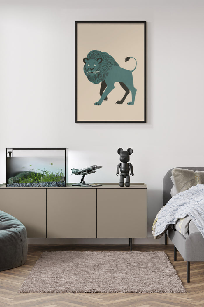 Stylized modern lion illustration art print in a contemporary living room setting