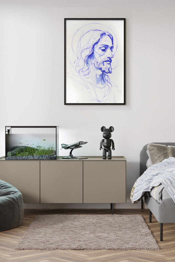 Contemporary living room with a framed sketch portrait on the wall