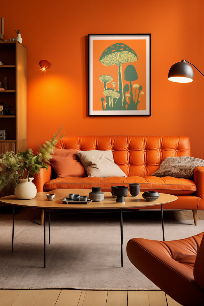 Stylish modern living room with vibrant orange color scheme and framed mushroom artwork poster on the wall