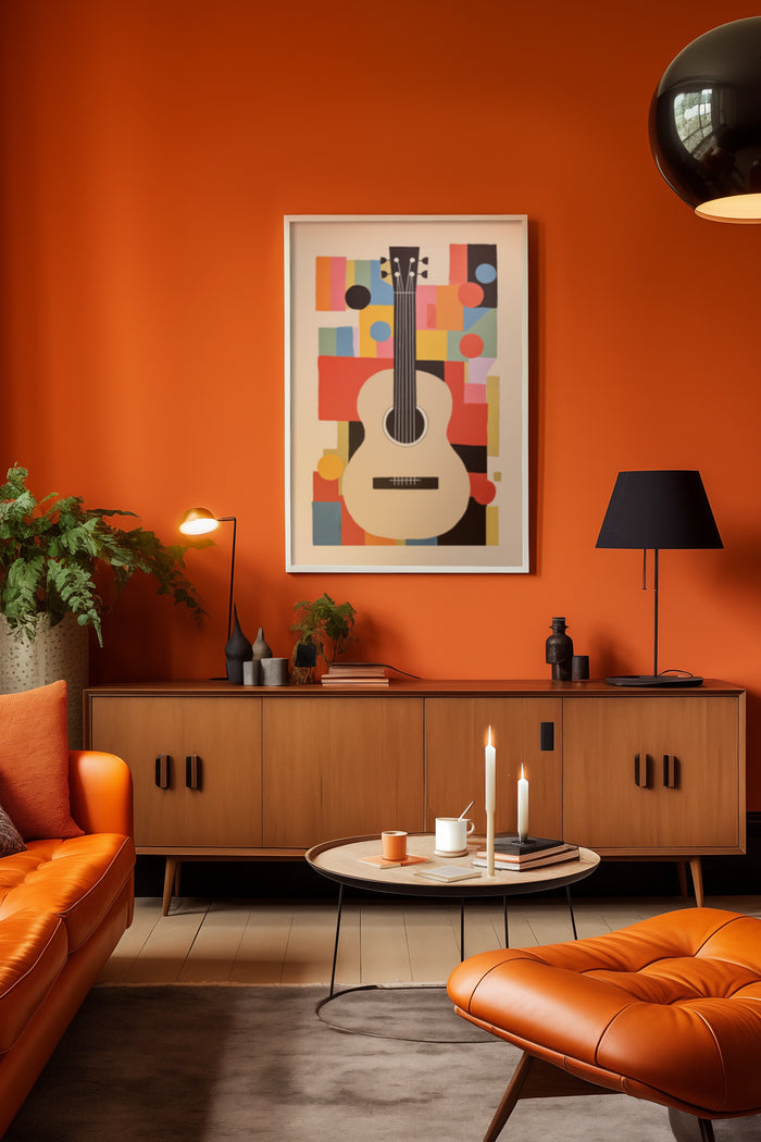 Stylish living room interior with vibrant orange walls featuring an abstract guitar artwork poster, mid-century modern furniture, and decorative elements