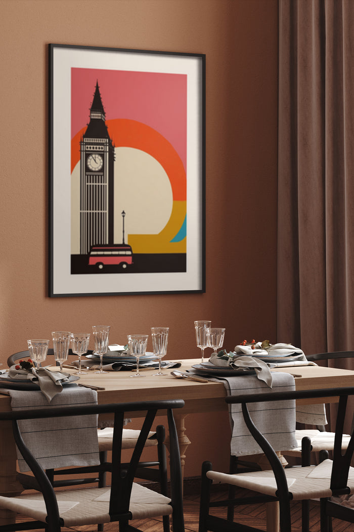 Modern London Big Ben and red double-decker bus retro poster art in a stylish dining room