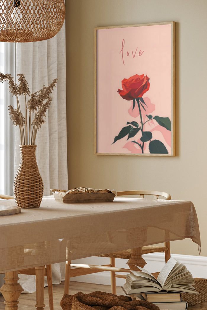 Elegant 'love' calligraphy with rose illustration modern wall art in home decor setting