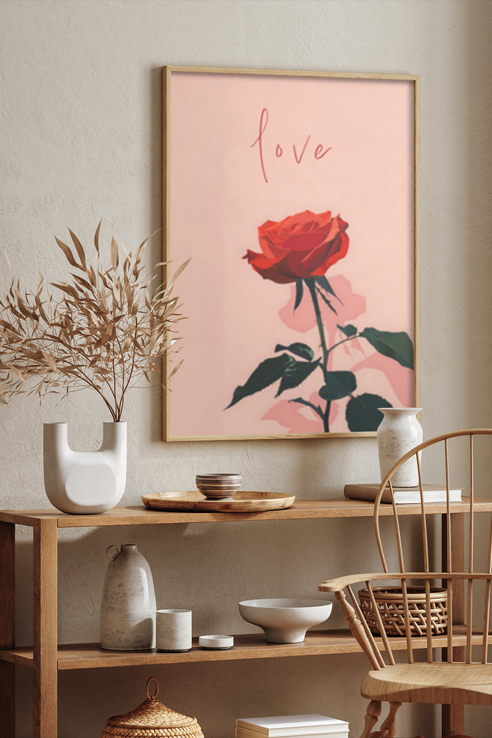 Modern Love Script with Red Rose Poster in Elegant Home Interior Setting