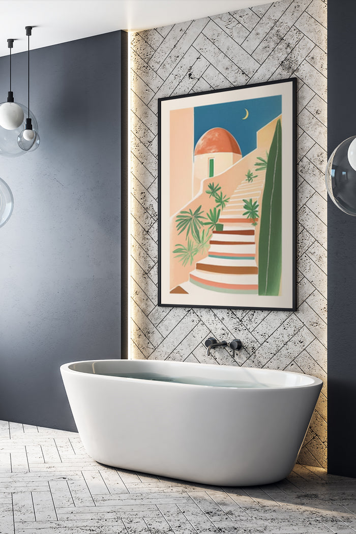 Contemporary Mediterranean-inspired art poster with orange dome, blue sky, and green plants in a stylish bathroom interior
