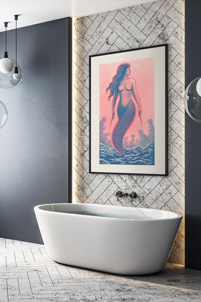 Contemporary Mermaid Poster Art Hung Above Freestanding Bathtub in Stylish Bathroom Interior Decor