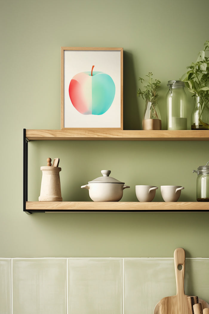 Contemporary split-color apple poster in a modern kitchen setting