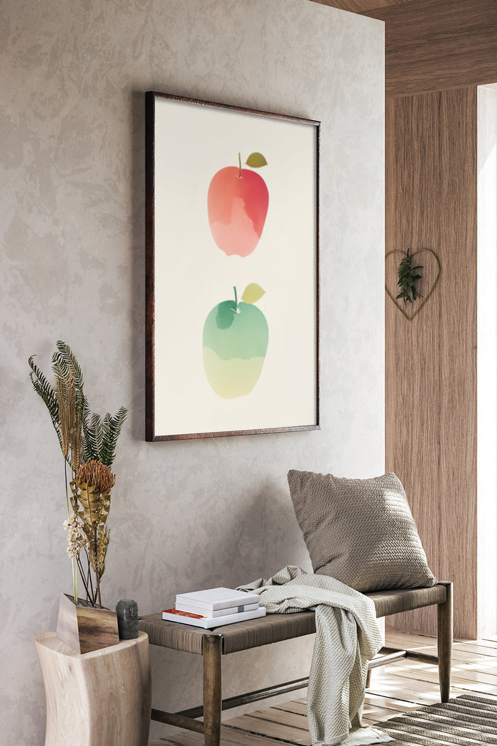 Modern minimalist interior with a framed poster featuring stylized red and green apples