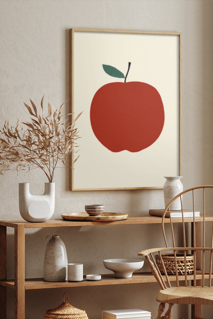 Modern minimalist red apple poster on beige wall with stylish home decor