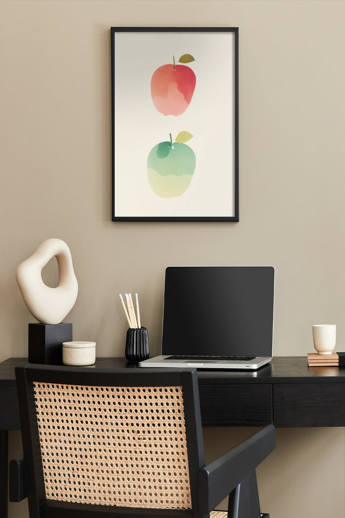 Modern minimalist watercolor-style poster featuring stacked apples in home office setting