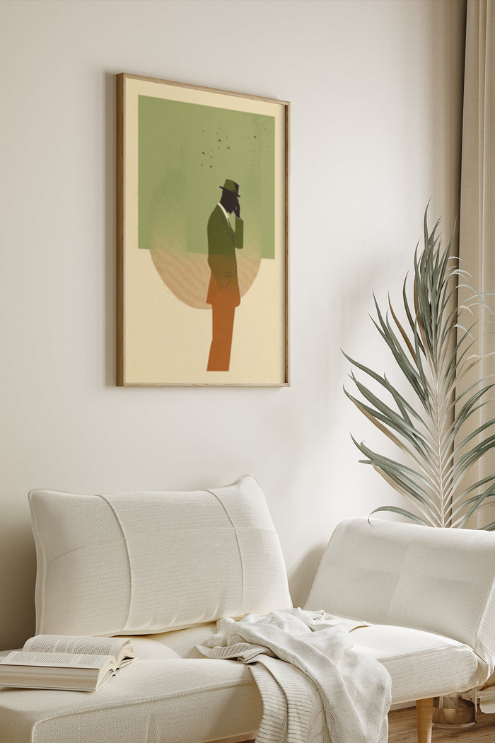 Modern minimalist art poster with a silhouette of a man in a hat against a green and yellow backdrop, framed and hung in a cozy living room