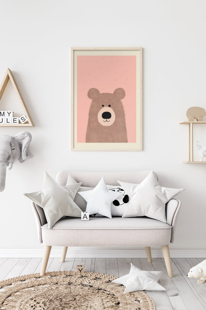 Modern minimalist bear artwork poster displayed in a stylish nursery room interior