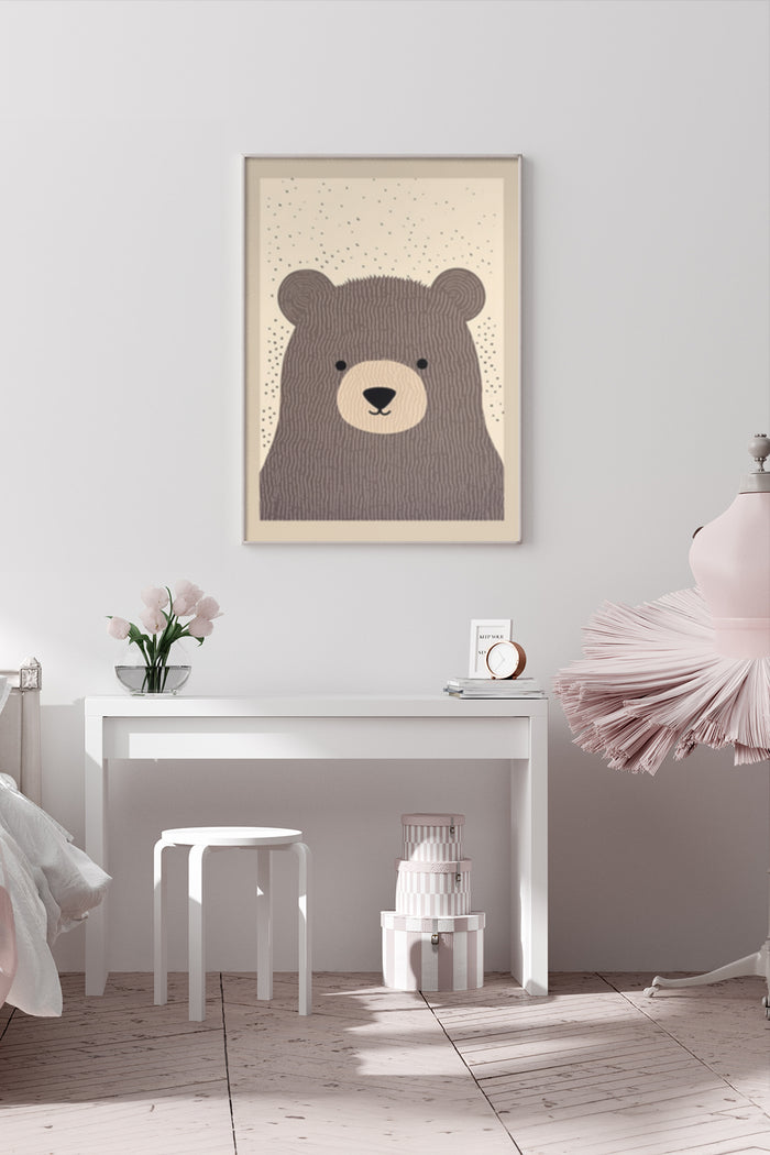 Contemporary minimalist bear illustration poster on a wall in a stylish interior setting