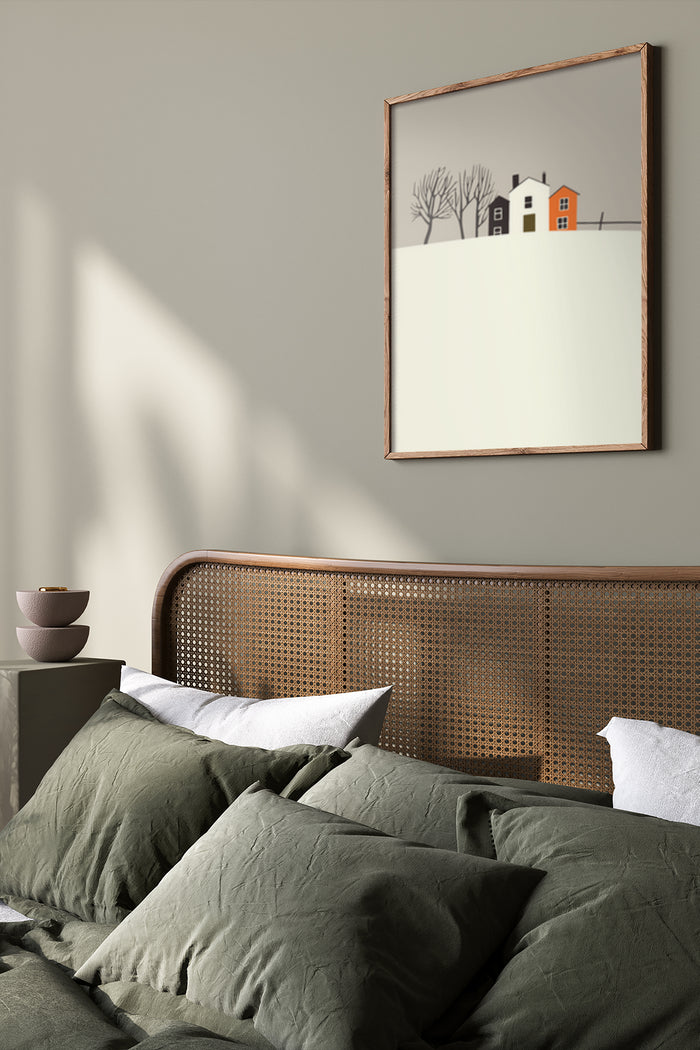 Contemporary bedroom interior with decorative wall poster featuring stylized houses and trees