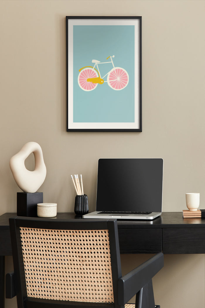 Minimalist illustration of a bicycle with pink and yellow design, framed poster in stylish home office