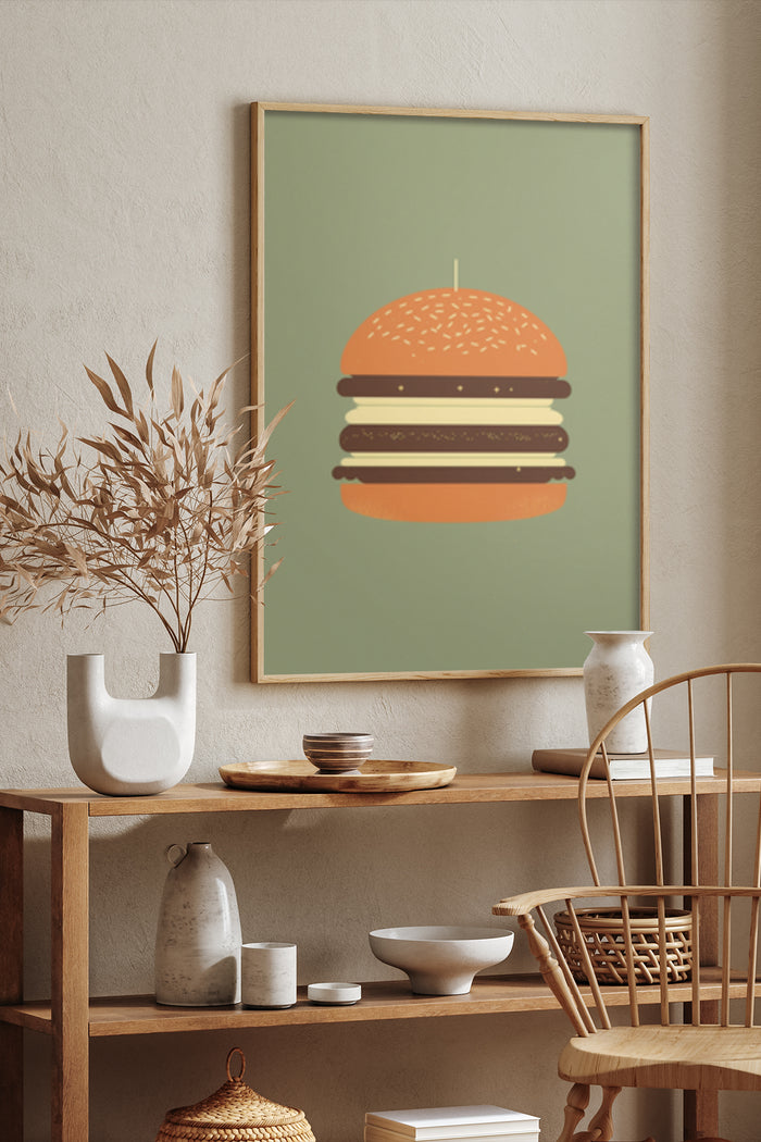 Modern minimalist burger artwork in a stylish interior setting