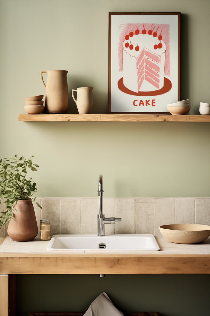 Stylish minimalist cake poster displayed in contemporary kitchen setting