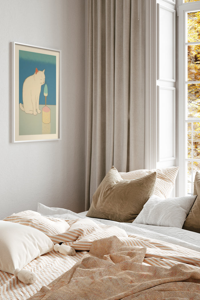 Minimalist Cat Art Poster Hanging Above Bed in a Stylish Bedroom Setting