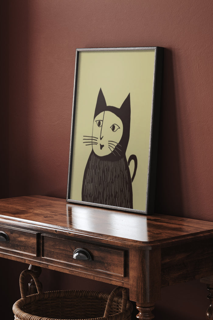 Modern minimalist black and white cat illustration poster on wooden side table