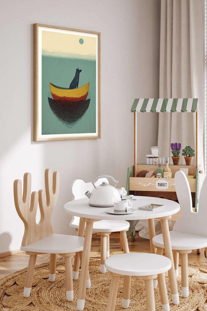 Modern minimalist art poster of a cat in a boat with a serene backdrop in a stylish home interior