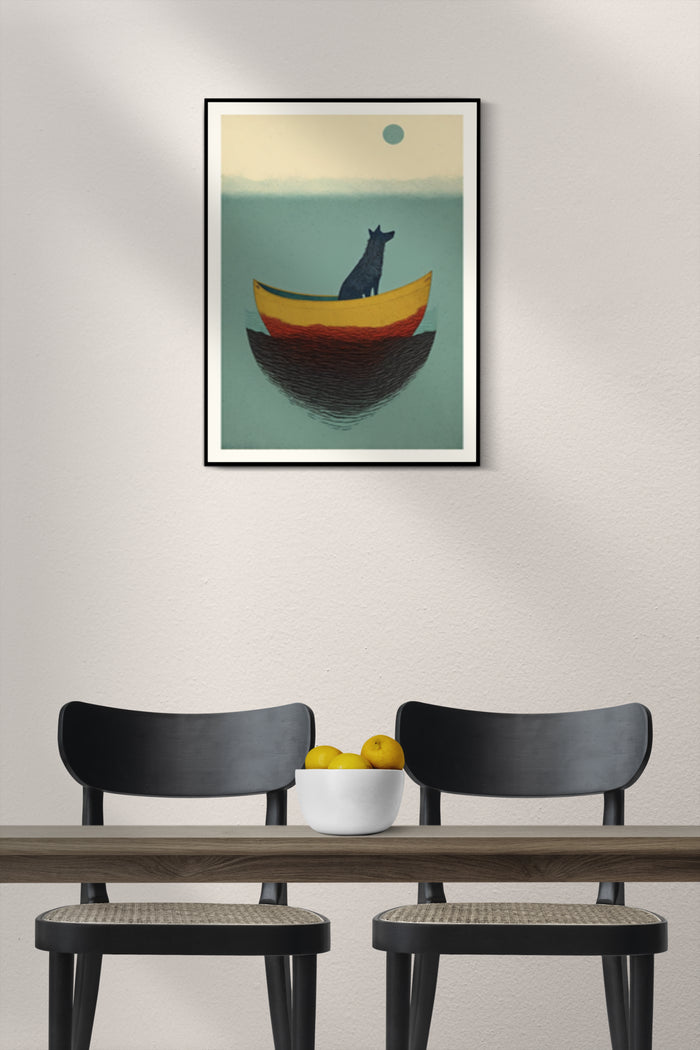 Modern Minimalist Poster of a Cat Sitting in a Boat at Dusk