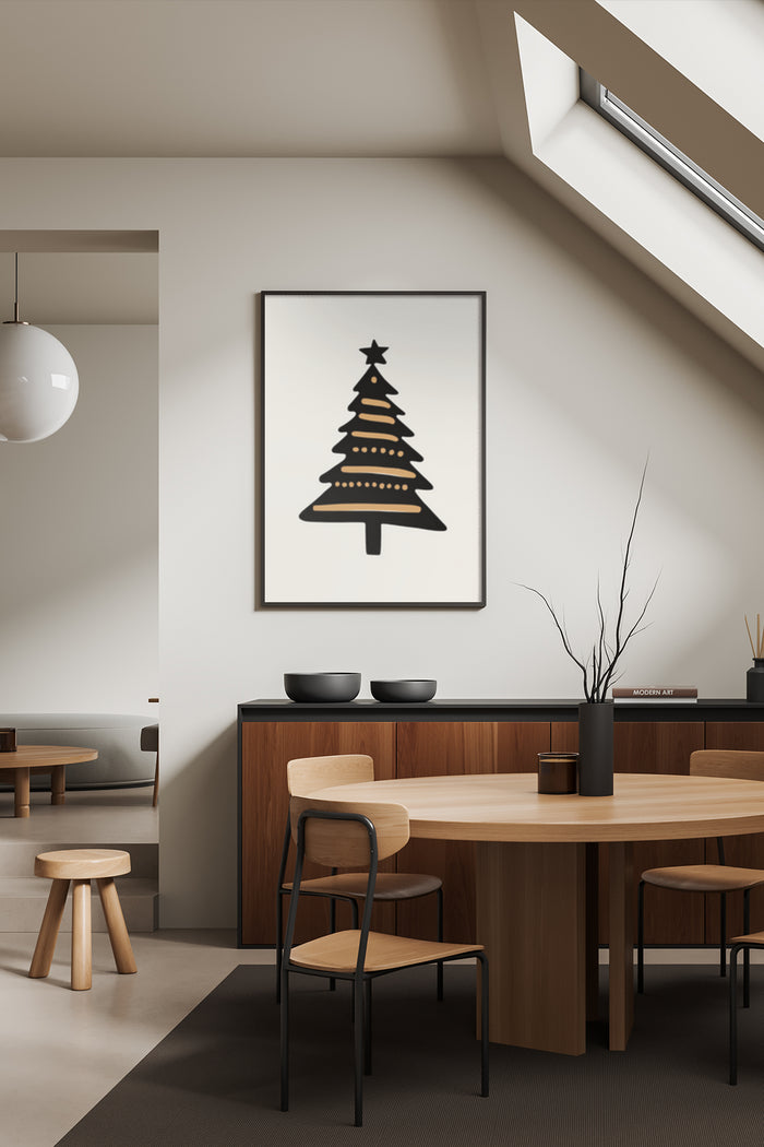 Stylish minimalist Christmas tree artwork in a modern dining room interior design setting