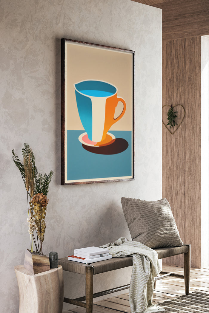 Modern minimalist style poster of a blue and orange coffee cup in a cozy interior setting