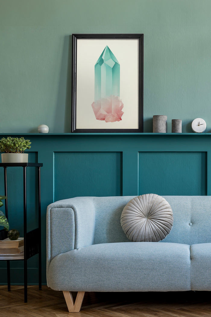 Modern minimalist framed poster of a geometric crystal on a wall above a blue sofa