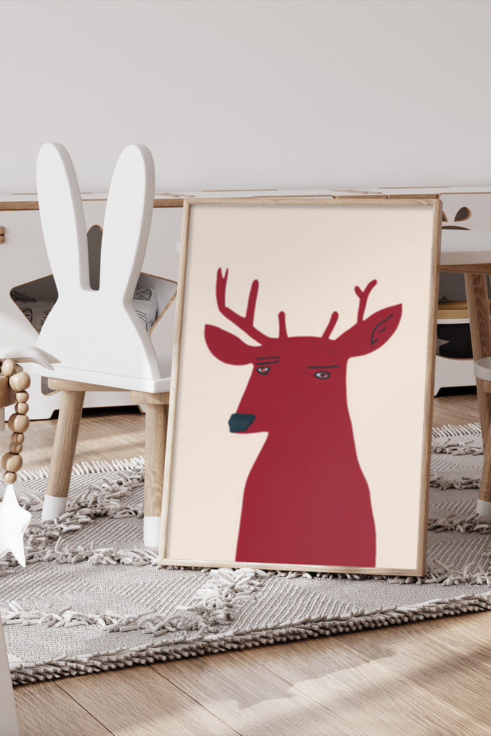 Contemporary minimalist deer illustration poster in a modern home decor setting