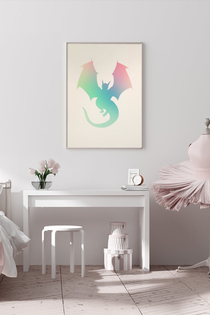Stylish minimalist dragon illustration poster displayed in a contemporary bedroom setting