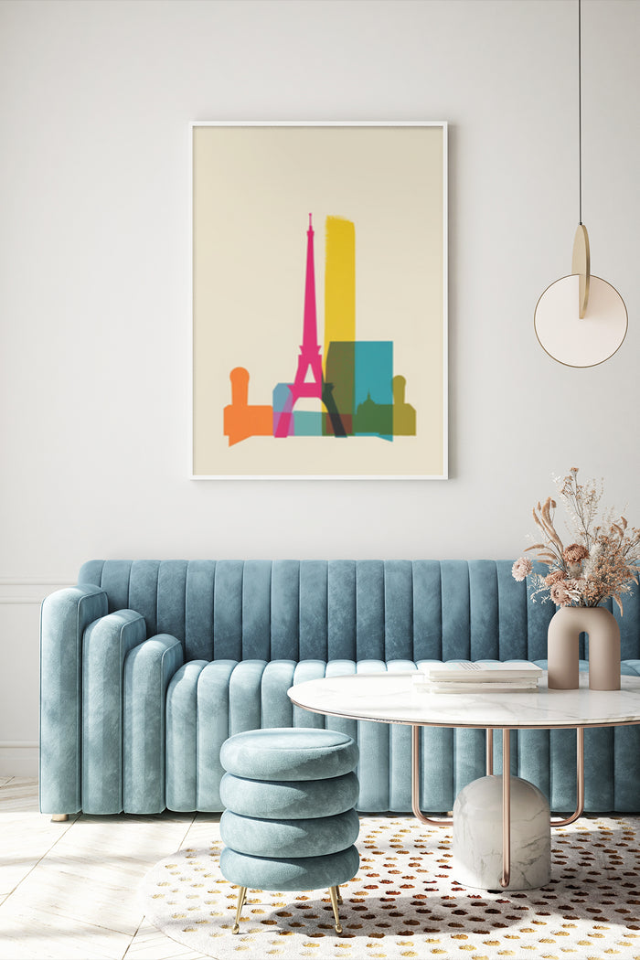Colorful abstract art poster with Eiffel Tower silhouette and colorful shapes in modern living room setting
