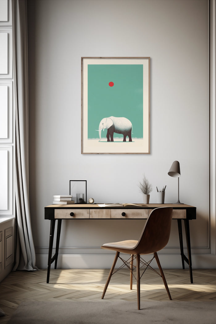 Minimalist elephant artwork with red sun poster in stylish interior