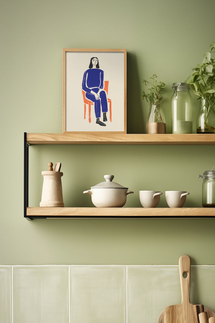 Modern minimalist framed artwork of a figure sitting on a chair displayed on wooden shelf with kitchen accessories