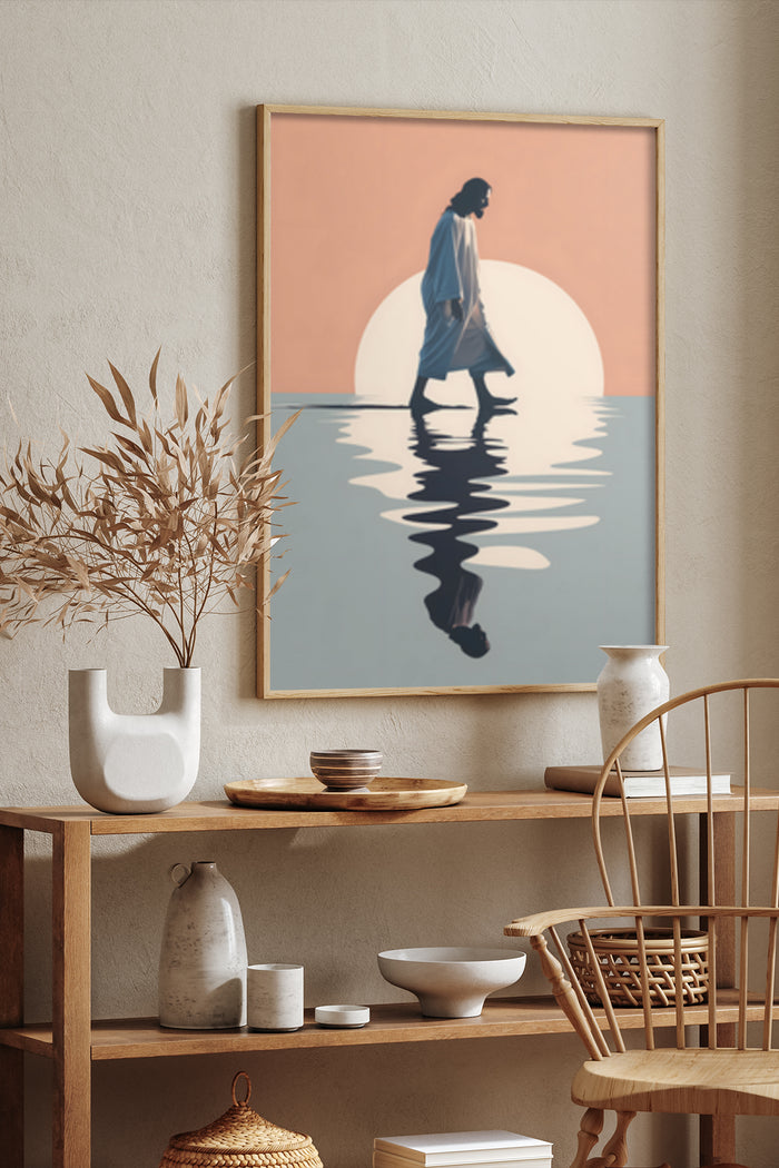 Modern minimalist artwork of a silhouetted figure walking with sunset reflection in water on a poster