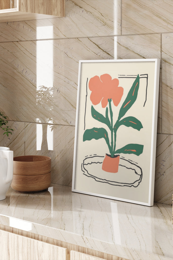 Modern minimalist flower artwork in a frame displayed in a chic interior setting