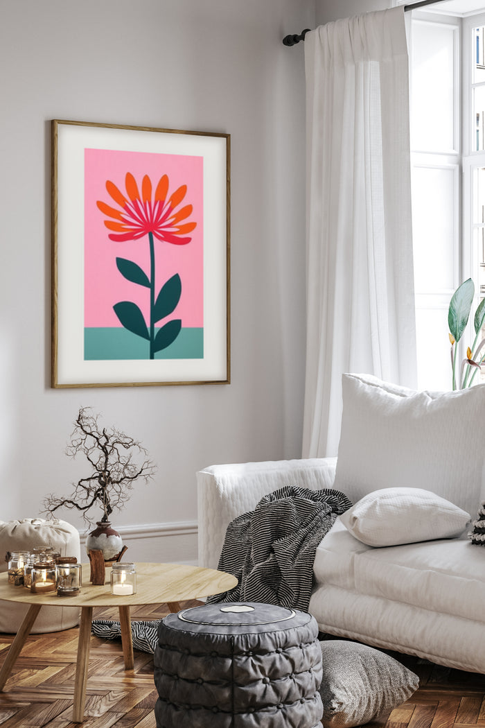 Contemporary minimalist pink and green flower poster in a stylish living room setting