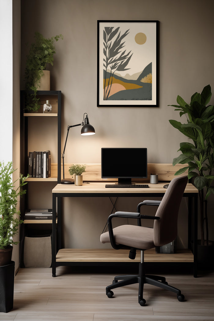 Stylish modern home office setup with desk, computer, and abstract landscape wall art