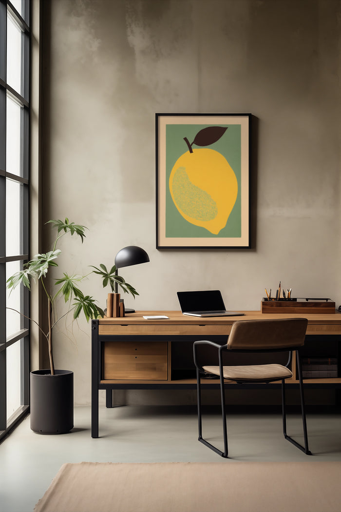Contemporary home office interior with framed lemon poster on wall, stylish wooden desk and black chair
