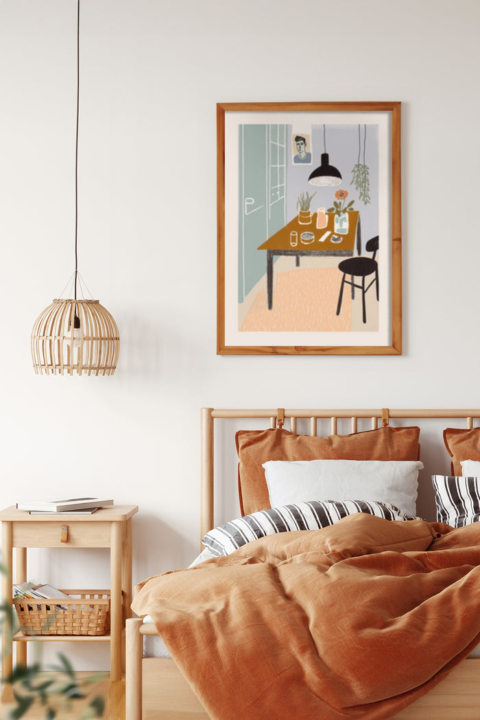 Modern minimalist kitchen artwork poster displayed above bed with stylish interior design