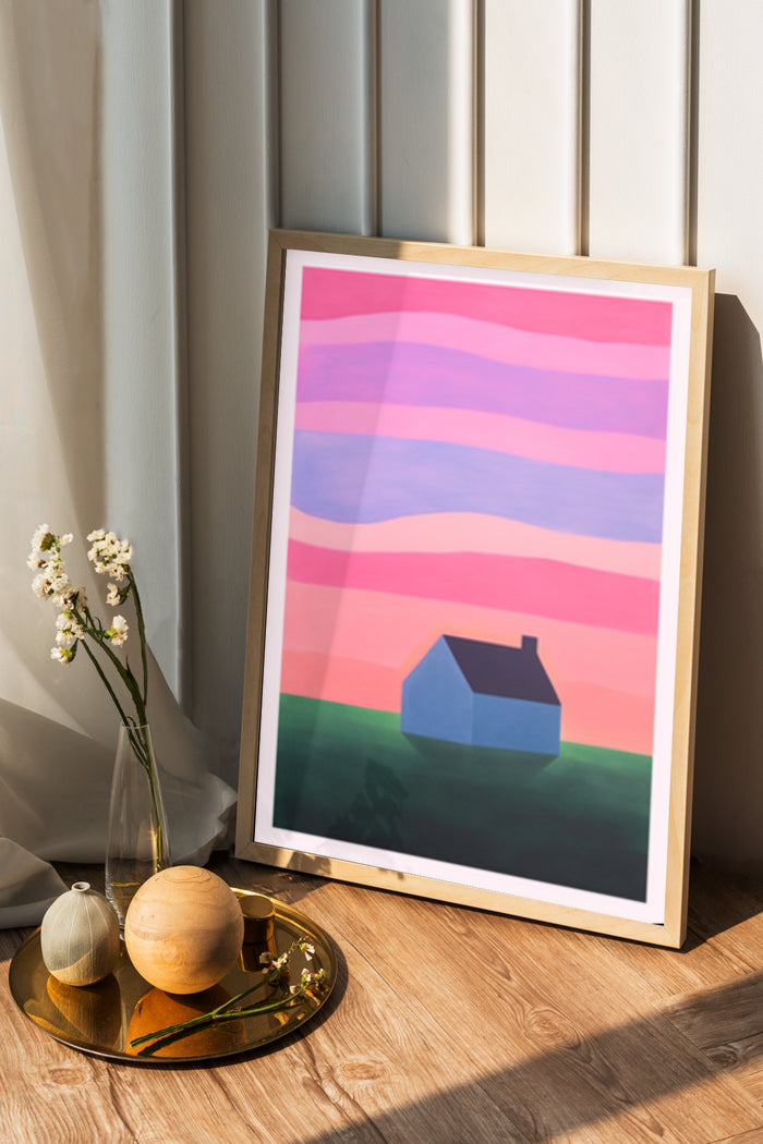 Modern minimalist landscape artwork poster featuring a house at sunset in a wooden frame with decorative items