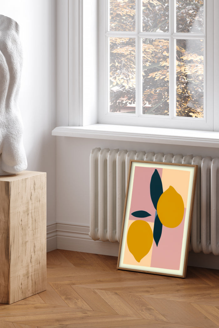Minimalist lemon artwork poster leaned against wall in stylish interior