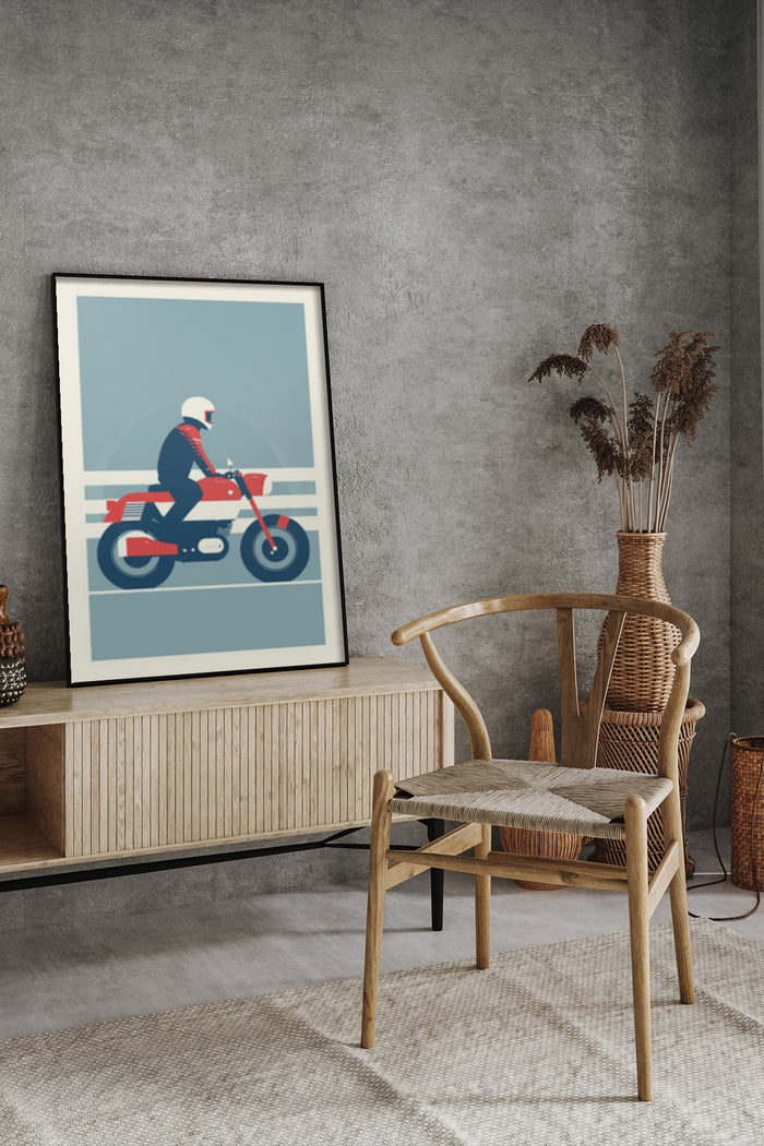 Stylish modern minimalist artwork of a person riding a red motorcycle with a simplistic design