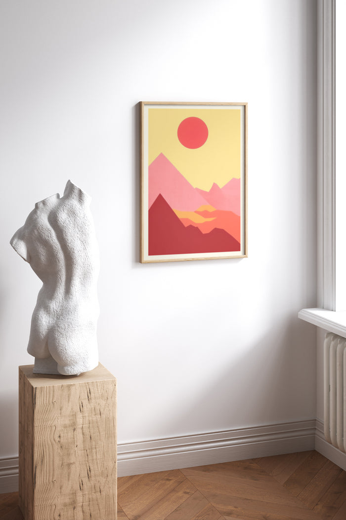 Contemporary minimalist art poster with mountain and sunrise design displayed in a modern room setting