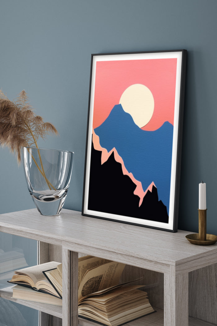 Modern minimalist mountain and sunset poster art in a stylish frame
