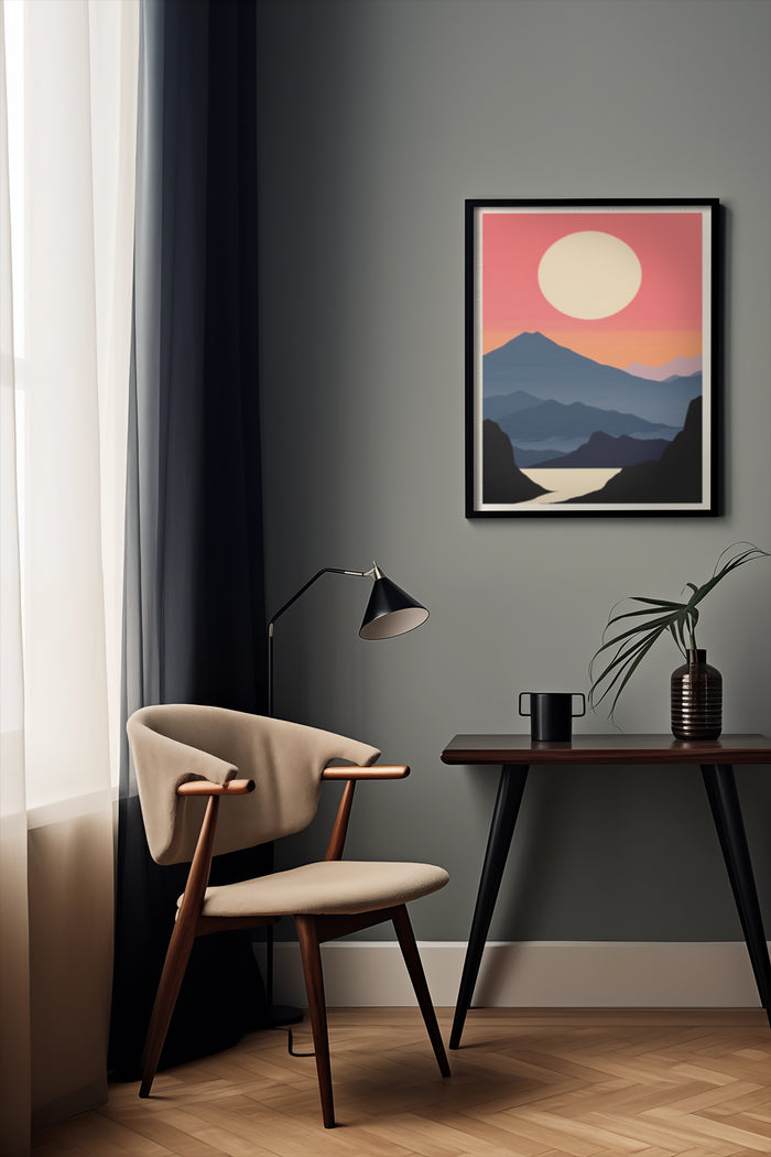 A modern minimalist poster of a mountain sunset hanging on a wall in a stylish interior with designer chair and wooden table