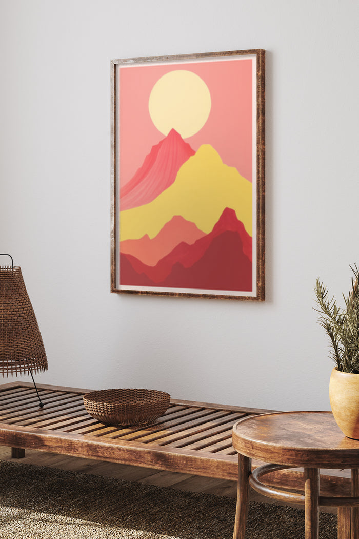 Modern minimalist artwork poster featuring stylized mountain sunset displayed in a home setting