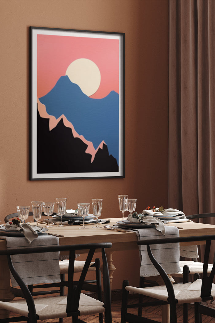 Modern minimalist poster of a mountain at sunset with vibrant colors in a stylish dining room
